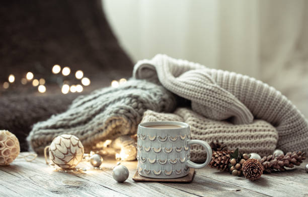 istock Cozy winter composition with a cup and decor details. 1337239055