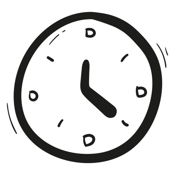 ilustrações, clipart, desenhos animados e ícones de relógio desenhado à mão e ícone de alarme no estilo doodle isolado - vignette