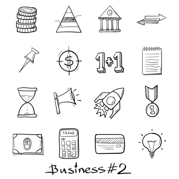 business- und marketing-set-icons, die im doodle-stil isoliert von hand gezeichnet werden - drawing illustration and painting vector computer icon stock-grafiken, -clipart, -cartoons und -symbole