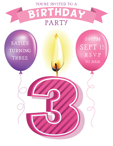 Birthday party invite template wit a number candle and balloons and a banner. Lots of spaces for text. Three layers for easier editing.