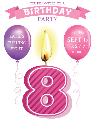 Birthday party invite template wit a number candle and balloons and a banner. Lots of spaces for text. Three layers for easier editing.