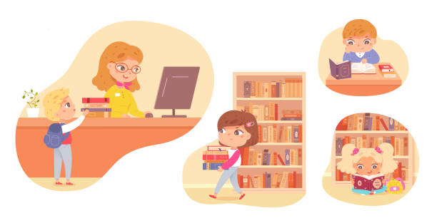 아이들은 책을 읽고 도서관 세트에서 공부합니다. 행복한 어린 소녀와 소년 학습 활동 벡터 일러스트. 교육 및 여가, 책상에서 사서 아이 도움 - picture book library preschool bookshelf stock illustrations