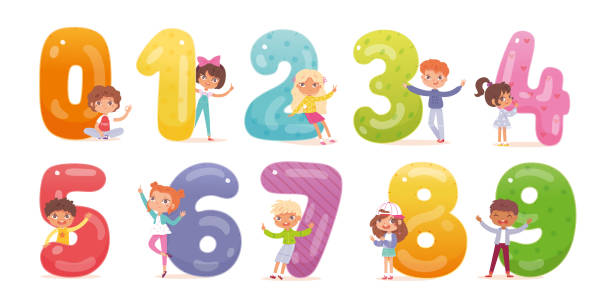 stockillustraties, clipart, cartoons en iconen met children with numbers from one to nine set. learning simple maths in kindergarten or school vector illustration. boys and girls near big signs. primary education in colour - babys 0 1