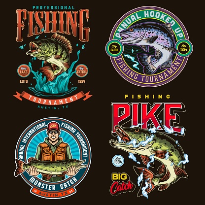 Fishing colorful vintage labels with inscriptions different fishes and smiling angler in sunglasses and baseball cap holding pike isolated vector illustration