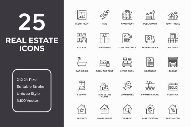 ikony cienkiej linii nieruchomości - mortgage document stock illustrations