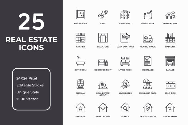 Real Estate Thin Line Icons Vector Style Editable Stroke Real Estate Thin Line Icon Set mortgage document stock illustrations