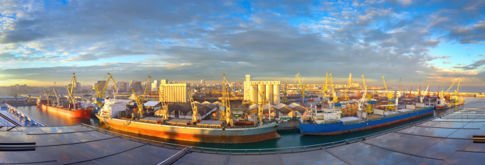 Panoramic view of sunny morning at seaport, Casablanca (Morocco)