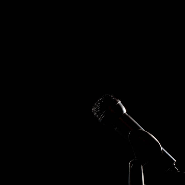 istock Black microphone on black background. Black miccrophone icon. Stage with microphone with copy space. 1337242280