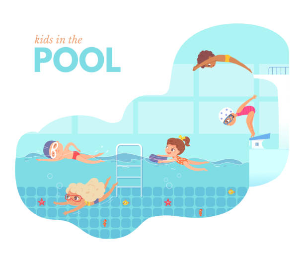 Kids in swimming pool. Children jumping into water vector illustration. Swimmers exercising in class. Little happy boys and girls underwater, diving, freestyle swimming in swimwear Kids in swimming pool. Children jumping into water vector illustration. Swimmers exercising in class. Little happy boys and girls underwater, diving, freestyle swimming in swimwear. diving into pool stock illustrations