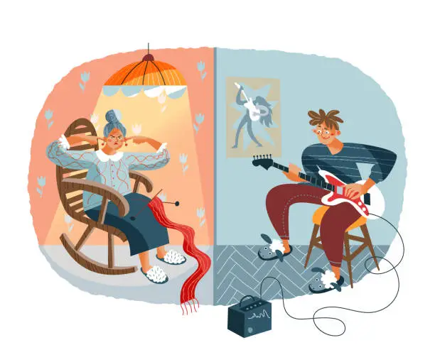 Vector illustration of Loud noisy neighbour distracting old woman. Problems in neighbouring apartments at home vector illustration. Young guy playing music on guitar, annoyed female covering ears