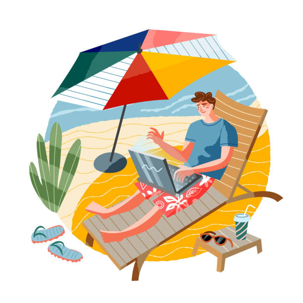 istock Man doing freelance work at beach. Young guy working with laptop on chair near sea online vector illustration. Modern lifestyle scene, remote business workplace with comfort under umbrella 1337242652