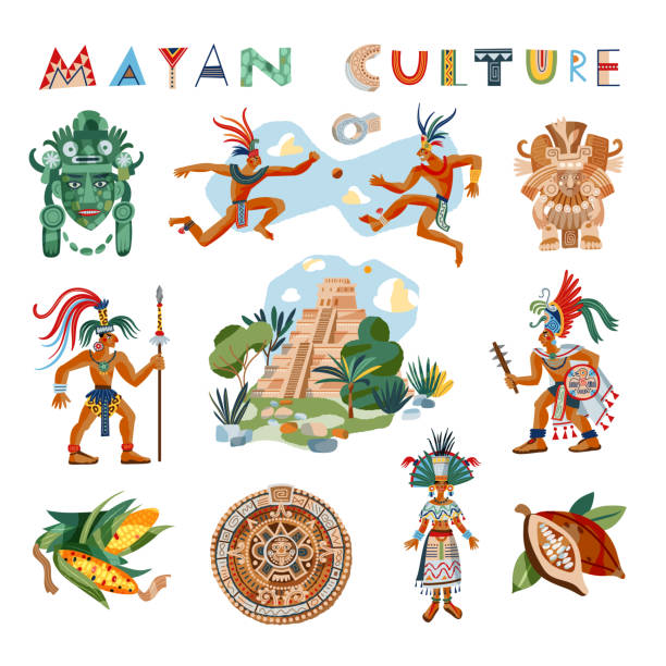 stockillustraties, clipart, cartoons en iconen met mayan culture and people set. ancient civilisation icons in mexico vector illustration. tribal men and woman, chichen itza temple, calendar, masks, cacao, corn, text on white background - maya
