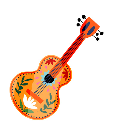 Mexican guitar with traditional flower ornament vector flat illustration. Bright wooden musical instrument with strings for melody playing. Hand drawn acoustic equipment for leisure or hobby isolated