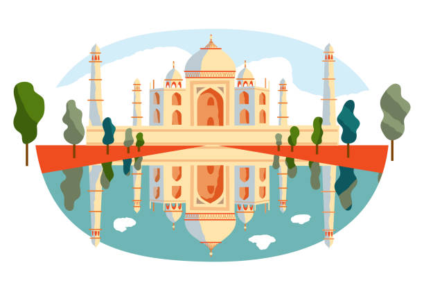 ilustrações de stock, clip art, desenhos animados e ícones de taj mahal mosque in india. traditional national building with reflection in water with trees vector illustration. tourism in india, famous architectural symbol on white background - taj mahal mahal door temple