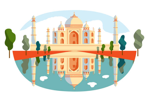 Taj Mahal mosque in India. Traditional national building with reflection in water with trees vector illustration. Tourism in India, famous architectural symbol on white background Taj Mahal mosque in India. Traditional national building with reflection in water with trees vector illustration. Tourism in India, famous architectural symbol on white background. taj mahal stock illustrations