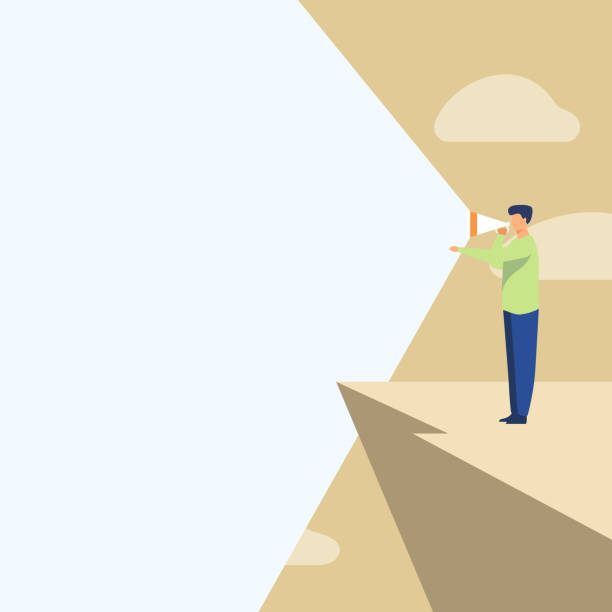 istock Illustration Of A Person Standing In Cliff Using Megaphone In One Hand Making New Announcement. Businessman Top Mountain Drawing Producing Brilliant Late Advertisement. 1337244171