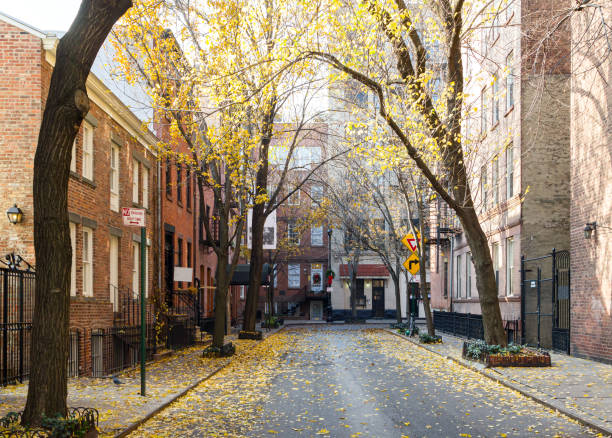 coloridos árboles de caída bordean la calle en el histórico barrio de west village de la ciudad de nueva york - piedra caliza de color rojizo fotografías e imágenes de stock