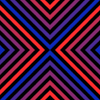 Vector geometric seamless pattern with colorful diagonal lines, repeat tiles. Abstract graphic texture with red and blue neon stripes. Trendy retro 1980-1990's fashion design. Sport style background