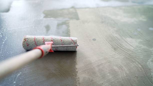 priming the floor in a large room. worker is preparing the floor with adhesive before mounting the parquet. priming the floor before gluing the tiles - 不透水 個照片及圖片檔