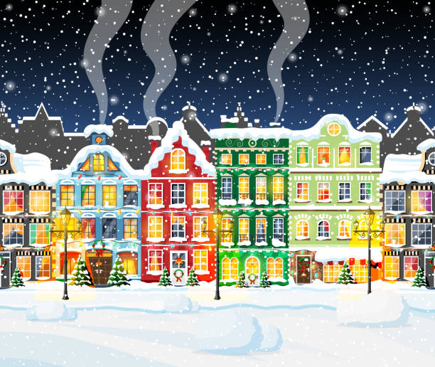 ilustrações de stock, clip art, desenhos animados e ícones de christmas card with urban landscape and snowfall. - christmas village urban scene winter