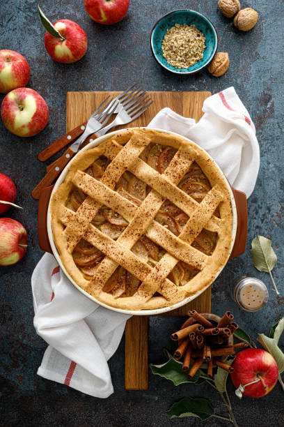 torta de maçã com massa de treliça, sobremesa tradicional de massa para o dia de ação de graças, conceito de cozimento de outono, vista superior - apple pie apple baked cinnamon - fotografias e filmes do acervo