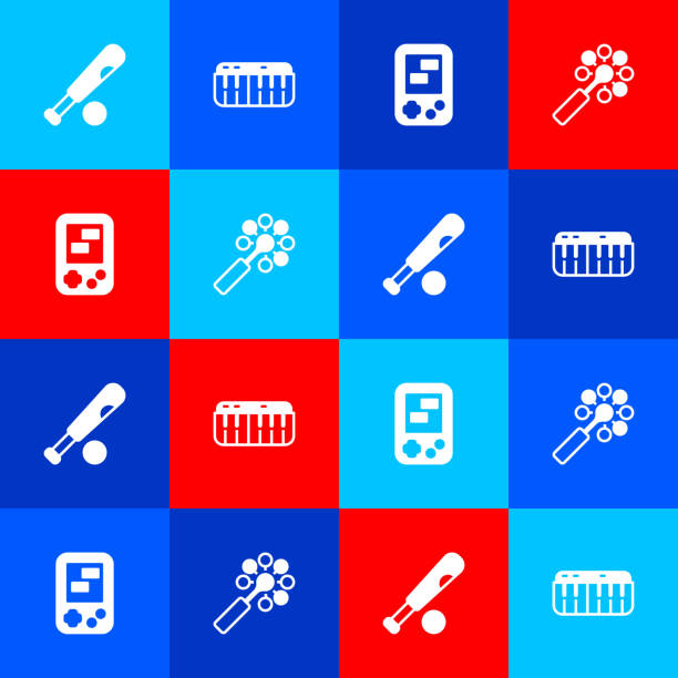 ilustrações de stock, clip art, desenhos animados e ícones de set baseball bat with ball, music synthesizer, game electronic game and rattle baby toy icon. vector - baseball bat audio