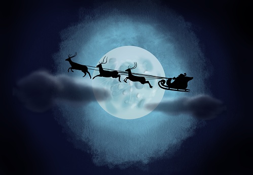 Silhouette of a flying santa claus and deers