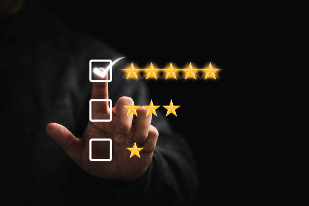 istock Businessman touching button to select five stars for the best excellent evaluation of customer satisfaction of product and service concept. 1337252922