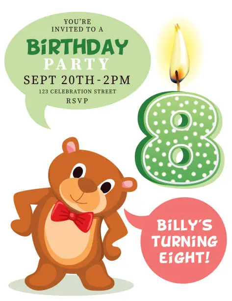 Vector illustration of 8th  Birthday Candle Party Invitation With Cute Bear