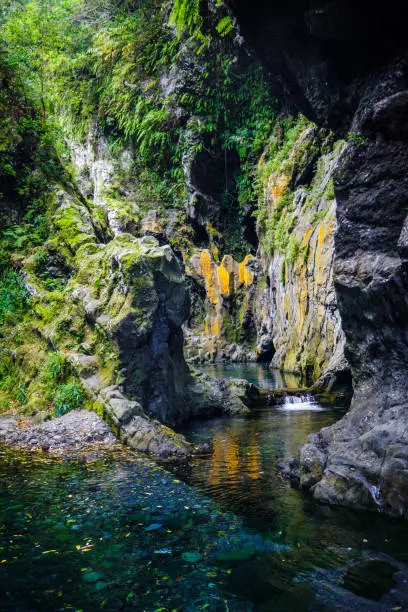 Waterfall and hidden basin of the Langevin river on Reunion Island