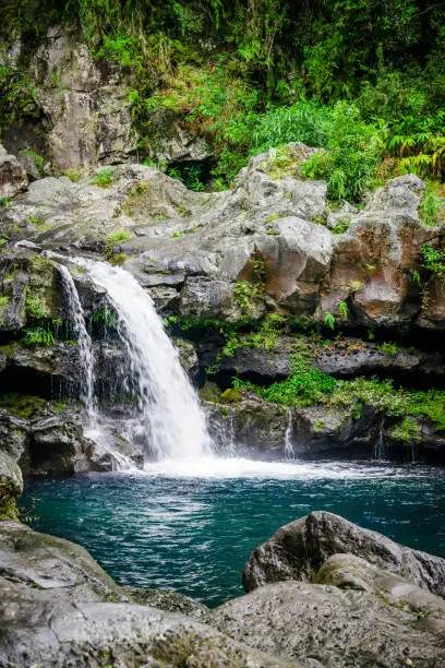 Waterfall and natural pool on the Langevin river on Reunion Island