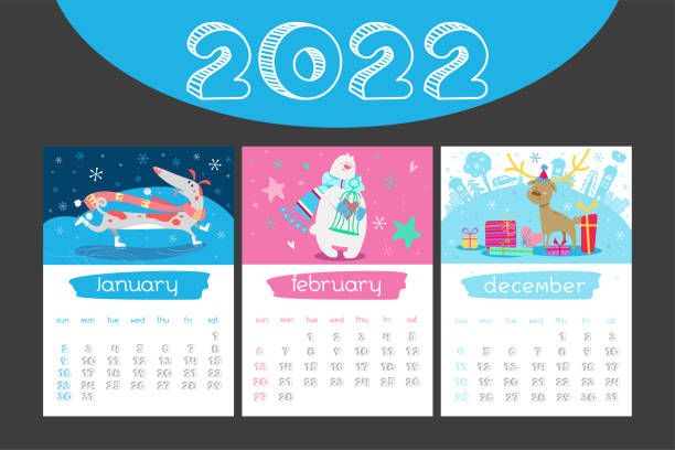 Cartoon Calendar 2022 year. Winter vector background. January, February, December vector art illustration