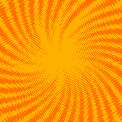 Yellow and orange dotted halftone spiral sunbeams background. Vector pop art illustration.