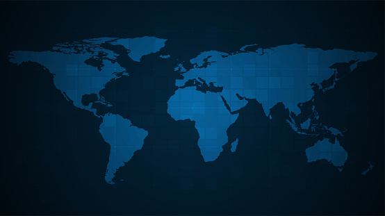World map on blue background.