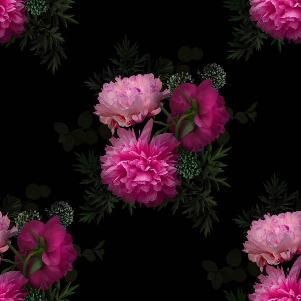 istock Pink flowers peonies on a black background. Floral seamless pattern. 1337260308