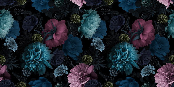 Patrón floral sin costuras. Flores multicolores peonías sobre fondo negro. photo
