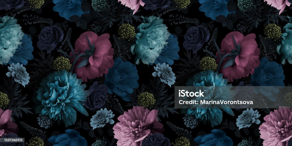 Floral seamless pattern. Multicolored flowers peonies on a black background. Unusual Floral summer seamless pattern. Garden peonies. Blue and pink flowers on a black background. Template for fabrics, textiles, paper, wallpaper, interior decoration. Vintage. Flower Stock Photo