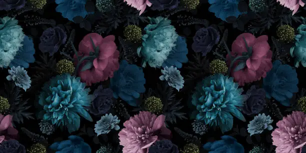 Photo of Floral seamless pattern. Multicolored flowers peonies on a black background.