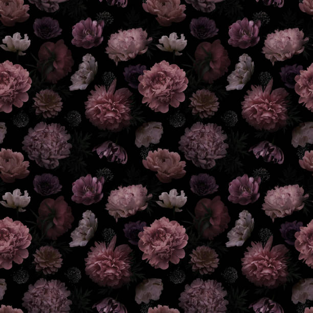 Brown flowers peonies on a black background. Floral seamless pattern.