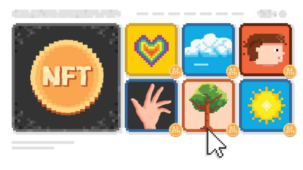 Concept of NFT marketplace and crypto art and game items sale on internet blockchain with ethereum Pixel, Art Product, Arts Culture and Entertainment, Auction, Ethereum non fungible token stock illustrations