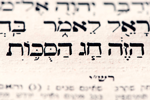 Closeup of hebrew words in Torah page that translates in english as This is the Sukkot holiday. Biblical Jewish holidays. Selective focus