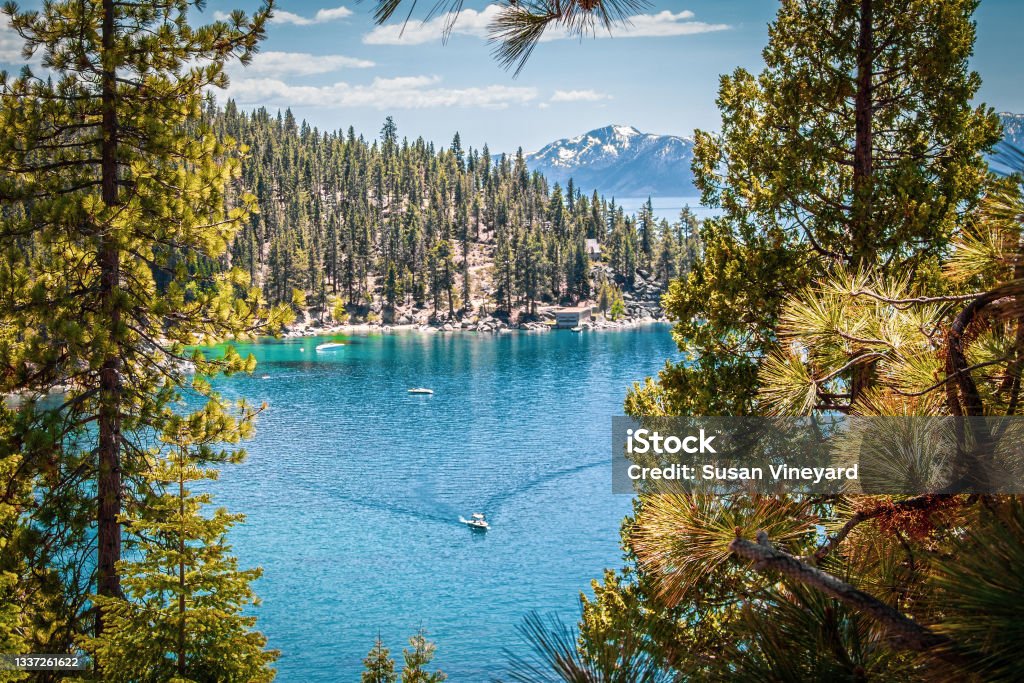 looking down through heavy forest onto Lake Tahoe USA and mountains in distance and boat creating wake in water down below. Lake Tahoe Stock Photo