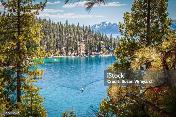 Looking Down Through Heavy Forest Onto Lake Tahoe Usa And Mountains In Distance And Boat Creating Wake In Water Down Below Stock Photo - Download Image Now