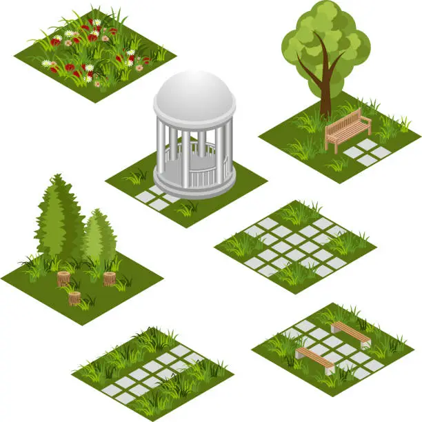 Vector illustration of Garden isometric tile set. Isolated isometric tiles to design garden landscape scene