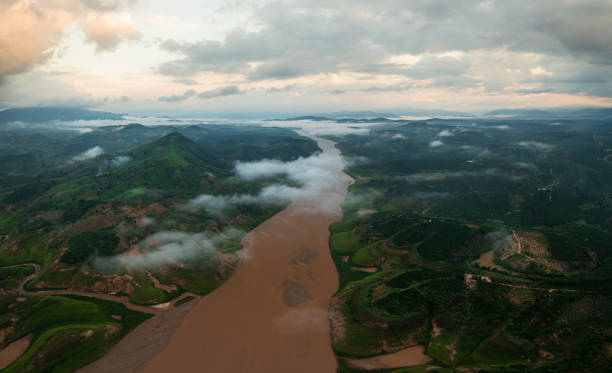 Drone view of Kon Gung mountain which low clouds in Kon Tum province, central highlands Vietnam