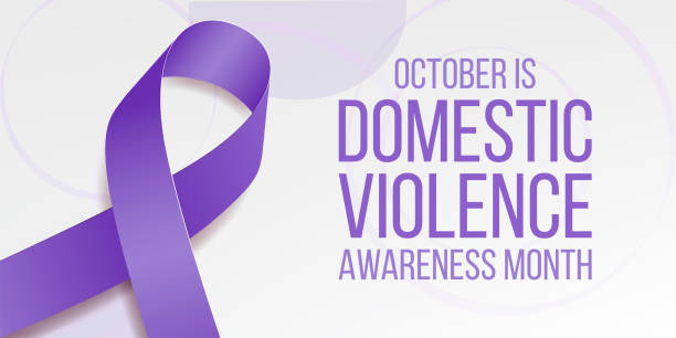 konzept des domestic violence awareness month.  banner für mit lila band bewusstsein und text.  vektorillustration. - häusliche gewalt stock-grafiken, -clipart, -cartoons und -symbole