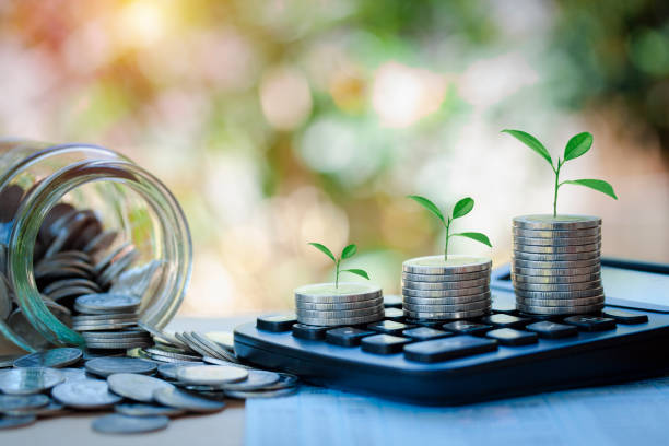 istock Coins stack with plant growing on top put on calculator, saving money, financial, accounting concept. 1337262228