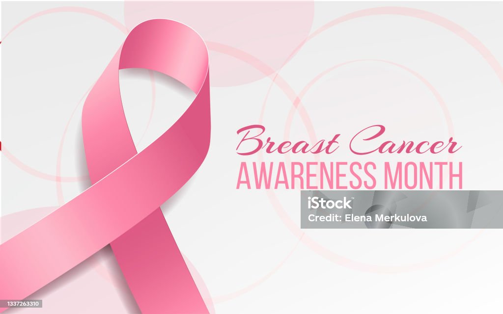Mês de conscientização sobre o câncer de mama. Banner com consciência de fita rosa e texto.  Ilustração vetorial. - Vetor de Câncer de Mama royalty-free