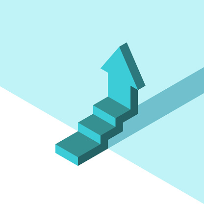 Isometric turquoise blue stepped arrow, minimalism. Growth, personal development, achievement and ambition concept. Flat design. EPS 8 vector illustration, no transparency, no gradients