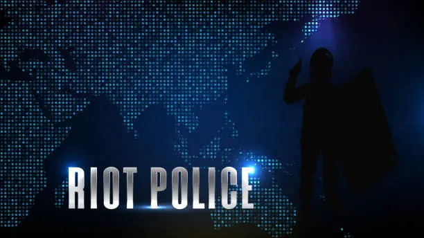 Vector illustration of abstract futuristic technology blue background of silhouette riot police and world map